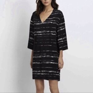 Vince Shadow Stripe V-Neck Silk Tunic Dress Size S Black & White 6573